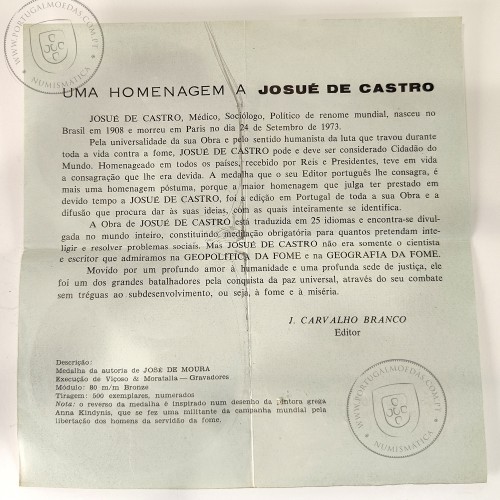Josué de Castro 1908-1973, foi um médico, nutrólogo, professor, geógrafo, cientista e político, Medalha Escultor José de Moura