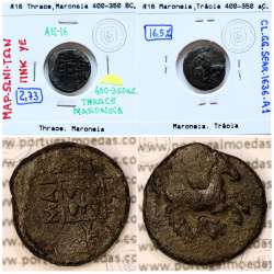 Ancient greeK coin, Thrace, Maroneia. 400-350 B.C., Æ 16, legend: MAΡ-ΩNI-TΩN, Monogram: ΠNK / YE