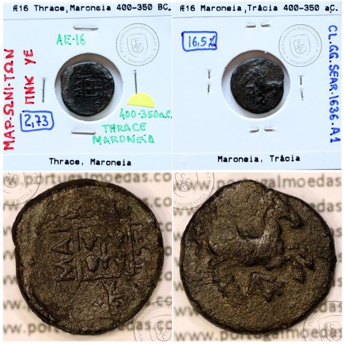 Ancient greeK coin, Thrace, Maroneia. 400-350 B.C., Æ 16, legend: MAΡ-ΩNI-TΩN, Monogram: ΠNK / YE