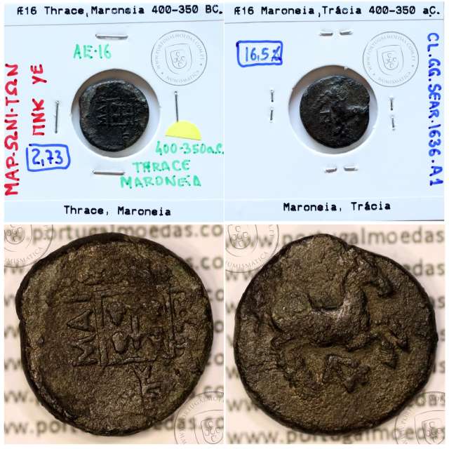 Maroneia, Trácia, Æ16, ano 450-350 a.C., legenda: MAΡ-ΩNI-TΩN, Monogramas: ΠNK / YE, (Sear 1636)