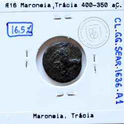 Maroneia, Trácia, Æ16, ano 450-350 a.C., legenda: MAΡ-ΩNI-TΩN, Monogramas: ΠNK / YE, (Sear 1636)