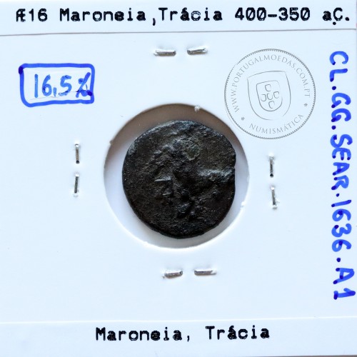 Ancient greeK coin, Thrace, Maroneia. 400-350 B.C., Æ 16, legend: MAΡ-ΩNI-TΩN, Monogram: ΠNK / YE