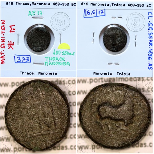 Ancient greeK coin, Thrace, Maroneia. 400-350 B.C., Æ 16, legend: MAΡ-ΩNI-TΩN, Monogram: LEY (?)  / Mo