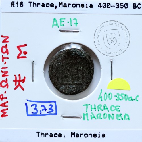 Maroneia, Trácia, Æ16, ano 450-350 a.C., legenda: MAΡ-ΩNI-TΩN, Monogramas: LEY (?) / Mo , (Sear 1636)