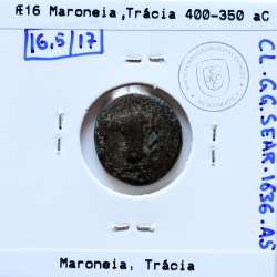 Ancient greeK coin, Thrace, Maroneia. 400-350 B.C., Æ 16, legend: MAΡ-ΩNI-TΩN, Monogram: LEY (?)  / Mo