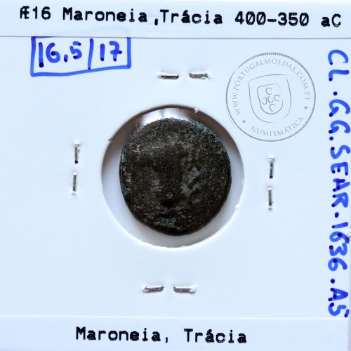 Maroneia, Trácia, Æ16, ano 450-350 a.C., legenda: MAΡ-ΩNI-TΩN, Monogramas: LEY (?) / Mo , (Sear 1636)