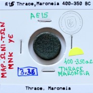 Maroneia, Trácia, Æ15, ano 450-350 a.C., legenda: MAΡ-ΩNI-TΩN, Monogramas: ΠNK / YE, (Sear 1636)