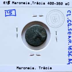 Ancient greeK coin, Thrace, Maroneia. 400-350 B.C., Æ 15, legend: MAΡ-ΩNI-TΩN, Monogram: ΠNK / YE