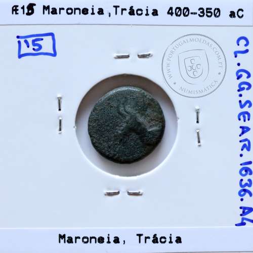 Ancient greeK coin, Thrace, Maroneia. 400-350 B.C., Æ 15, legend: MAΡ-ΩNI-TΩN, Monogram: ΠNK / YE
