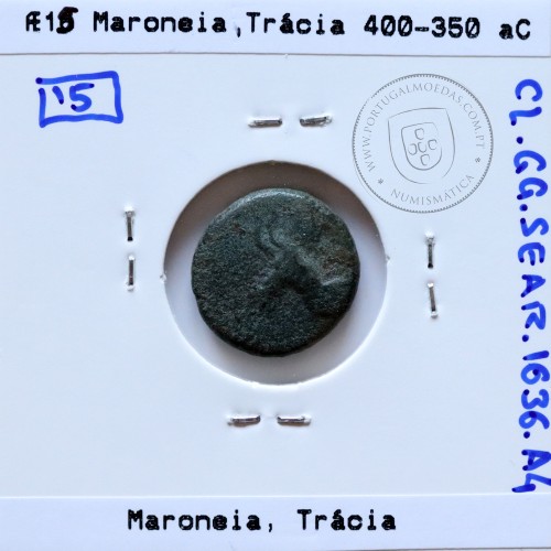 Ancient greeK coin, Thrace, Maroneia. 400-350 B.C., Æ 15, legend: MAΡ-ΩNI-TΩN, Monogram: ΠNK / YE
