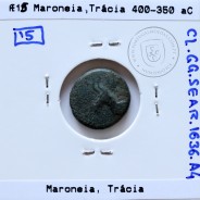 Ancient greeK coin, Thrace, Maroneia. 400-350 B.C., Æ 15, legend: MAΡ-ΩNI-TΩN, Monogram: ΠNK / YE