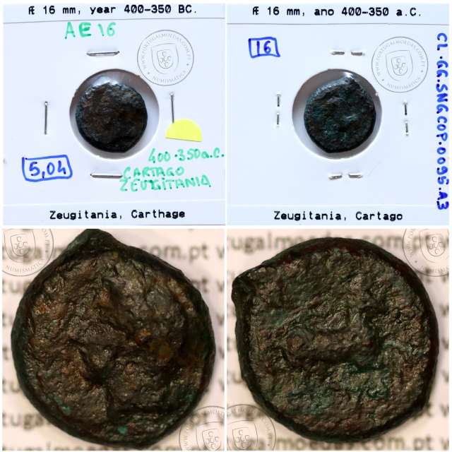 Ancient greeK coin, Zeugitania, Carthage., Year 400-350 B.C. Æ 16 unit., (SNG Cop 94-97)