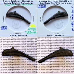 Moeda da Grécia antiga, Ólbia, Sarmácia. Pré-Moeda Golfinho, ano 550 a 350 a.C., AE 35mm, (Sear 1684)