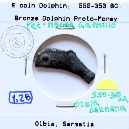 Grécia antiga, Ólbia, Sarmácia. Pré-Moeda Golfinho, ano 550 a 350 a.C., AE 24mm, (Sear 1684)