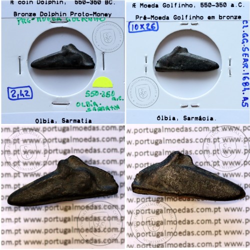 Grécia antiga, Ólbia, Sarmácia. Pré-Moeda Golfinho, ano 550 a 350 a.C., AE 26mm, (Sear 1684)