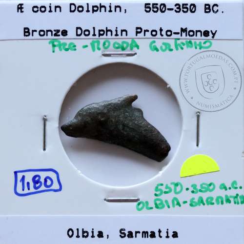 Ólbia, Sarmácia. Pré-Moeda Golfinho, ano 550 a 350 a.C., AE 22mm, (Sear 1684)