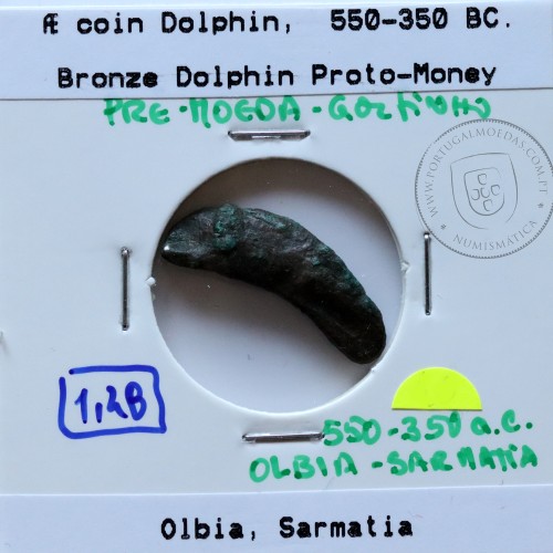 Grécia antiga, Ólbia, Sarmácia. Pré-Moeda Golfinho, ano 550 a 350 a.C., AE 22mm, (Sear 1684)