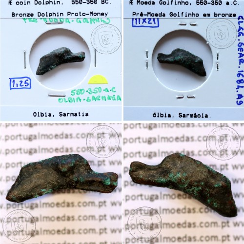 Ólbia, Sarmácia. Pré-Moeda Golfinho, ano 550 a 350 a.C., AE 21mm, (Sear 1684)