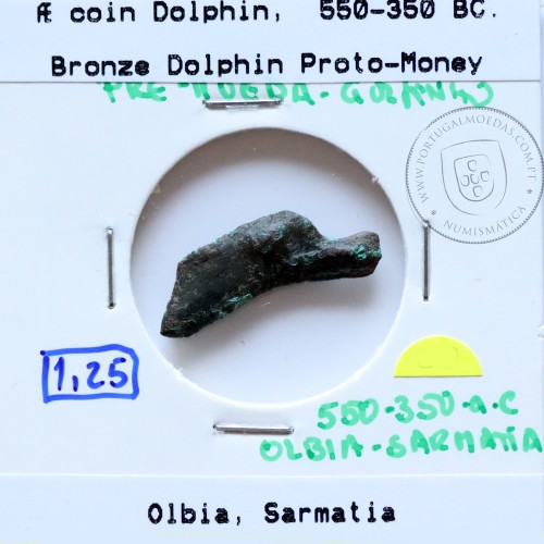 Ólbia, Sarmácia. Pré-Moeda Golfinho, ano 550 a 350 a.C., AE 21mm, (Sear 1684)