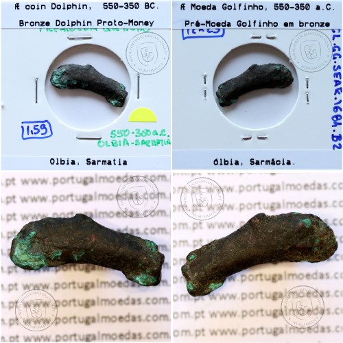 Grécia antiga, Ólbia, Sarmácia. Pré-Moeda Golfinho, ano 550 a 350 a.C., AE 23mm, (Sear 1684)