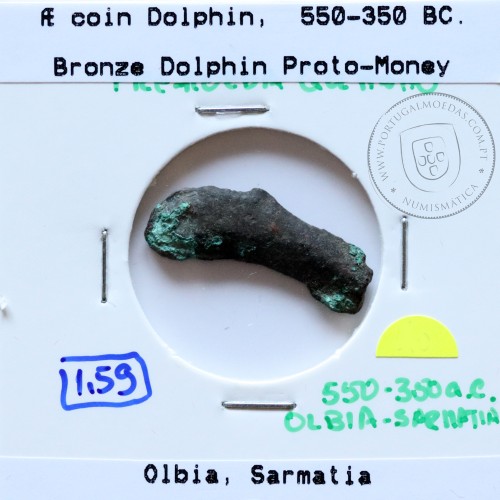 Grécia antiga, Ólbia, Sarmácia. Pré-Moeda Golfinho, ano 550 a 350 a.C., AE 23mm, (Sear 1684)