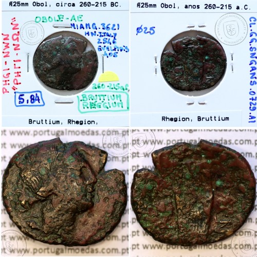 Obol bronze de Rhegion, Bruttium, ano 260-215 a.C., Æ 25, Bruttium (atual Calábria em Itália), legenda: ΡHΓI-NΩN