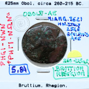 Ancient greeK coin, Bruttium, Rhegion, 260-215 BC. Æ 25 Obol, legend: ΡHΓI-NΩN
