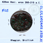 Ancient greeK coin, Bruttium, Rhegion, 260-215 BC. Æ 25 Obol, legend: ΡHΓI-NΩN
