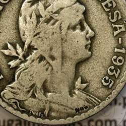 Portugal, 1 Escudo 1935 Copper-Nickel, 1$00 1935 alpaca, Key Date of the serie 1 Escudo, (F+), World Coins Portugal KM 578