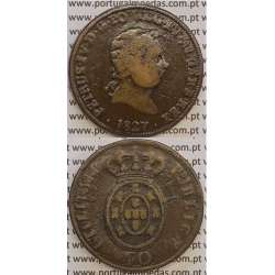 40 Réis 1827 Bronze de D. Pedro IV, Pataco 1827, Data entre pontos, Coroa baixa, Cruz Irradiada, World Coins Portugal KM 373