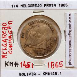Bolívia ¼ Melgarejo 1865 Prata, (MBC+/Bela), World Coins Bolivia KM 145.1