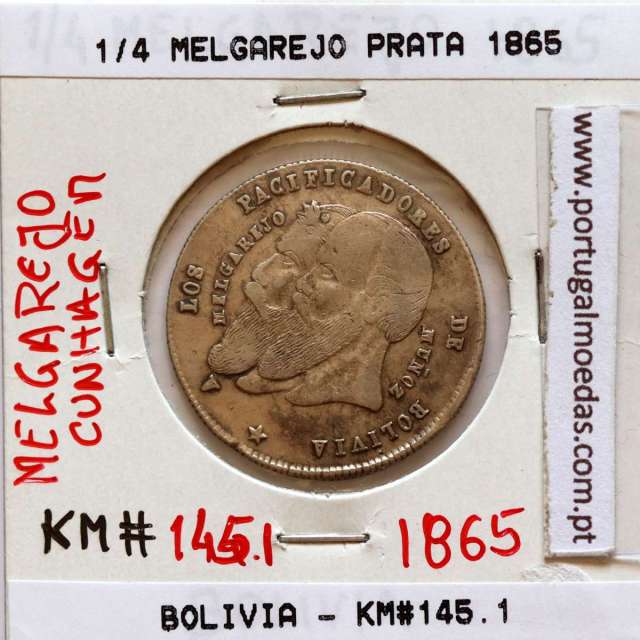 Bolívia ¼ Melgarejo 1865 Prata, (MBC+/Bela), World Coins Bolivia KM 145.1