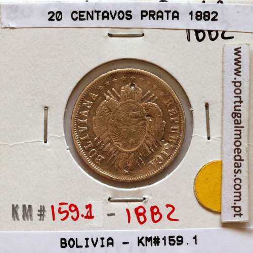 Bolívia 20 Centavos 1882 Prata, (MBC), World Coins Bolivia KM 159.1