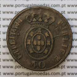 40 Réis 1827 Bronze de D. Pedro IV, Pataco 1827, Data entre pontos, Coroa baixa, Cruz Irradiada, World Coins Portugal KM 373