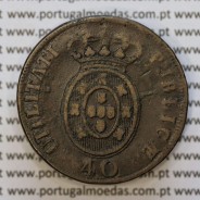 coin of 40 Réis bronze 1827 of King D. Pedro IV of Portugal, Date between points, Irradiated Cross, World Coins Portugal KM 373