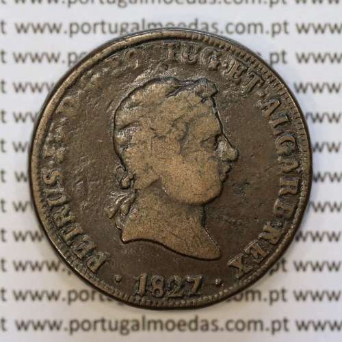 40 Réis 1827 Bronze de D. Pedro IV, Pataco 1827, Data entre pontos, Coroa baixa, Cruz Irradiada, World Coins Portugal KM 373
