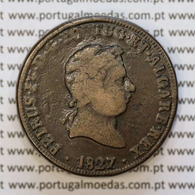 coin of 40 Réis bronze 1827 of King D. Pedro IV of Portugal, Date between points, Irradiated Cross, World Coins Portugal KM 373