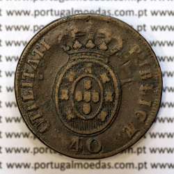 40 Réis 1827 Bronze de D. Pedro IV, Pataco 1827, Data entre pontos, Coroa baixa, Cruz Irradiada, World Coins Portugal KM 373