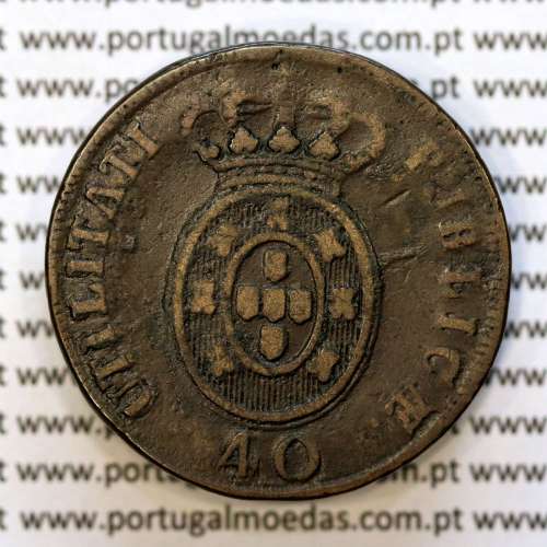 40 Réis 1827 Bronze de D. Pedro IV, Pataco 1827, Data entre pontos, Coroa baixa, Cruz Irradiada, World Coins Portugal KM 373
