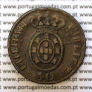 coin of 40 Réis bronze 1827 of King D. Pedro IV of Portugal, Date between points, Irradiated Cross, World Coins Portugal KM 373