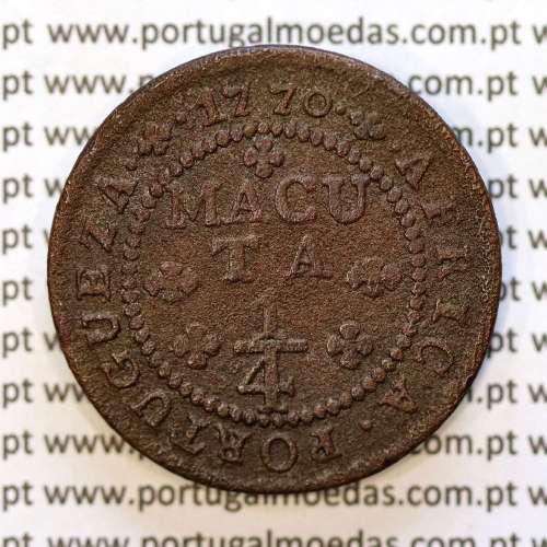 1/4 Macuta 1770 cobre D. José I, Angola, Cruz simples na Coroa, 68 Pérolas no circulo, "ET" unidos, World Coins Angola KM 10