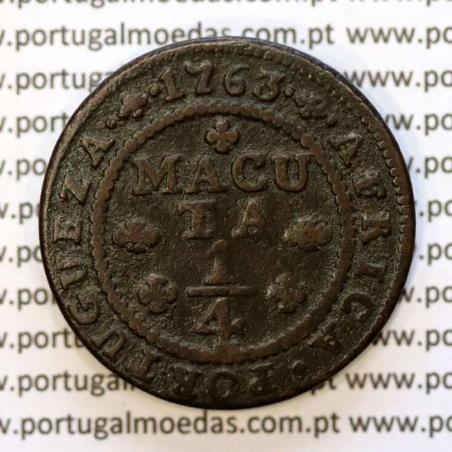 Angola coin of 1/4 Macuta 1763 copper D. José I, pearly cross, 70 Pearls, "ET" separate, World Coins Angola KM 10