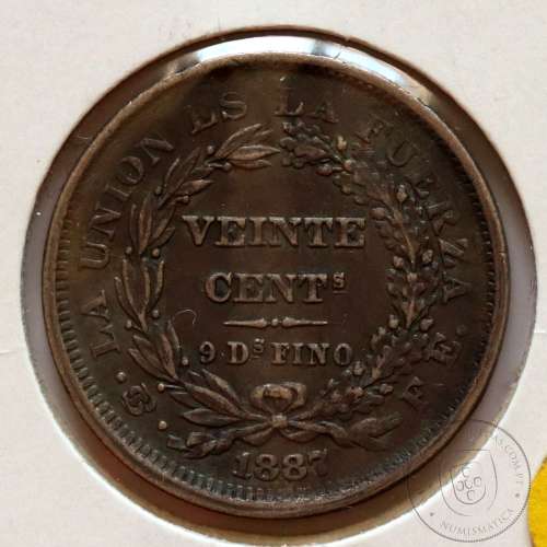 Bolívia 20 Centavos 1887 Prata, (Bela), World Coins Bolivia KM 159.2