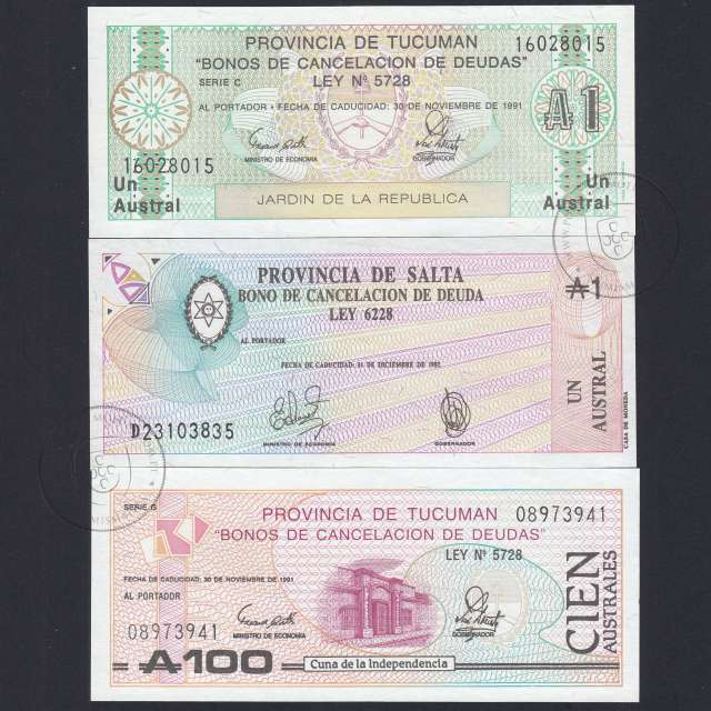 Argentina - Lote de 3 notas Diferentes-Serie 1987-1991 (Não circulada)
