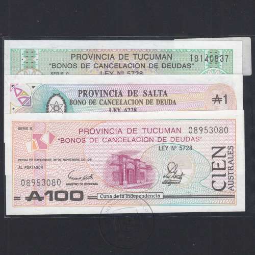 Argentina - Lote de 3 notas Diferentes-Serie 1987-1991 (Não circulada)