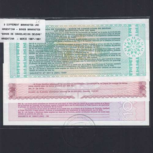 Argentina - Lote de 3 notas Diferentes-Serie 1987-1991 (Não circulada)