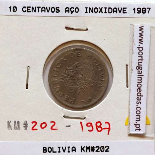 Bolivia, Stainless steel coin of 10 centavos 1987, (XF), World Coins Bolivia KM 202