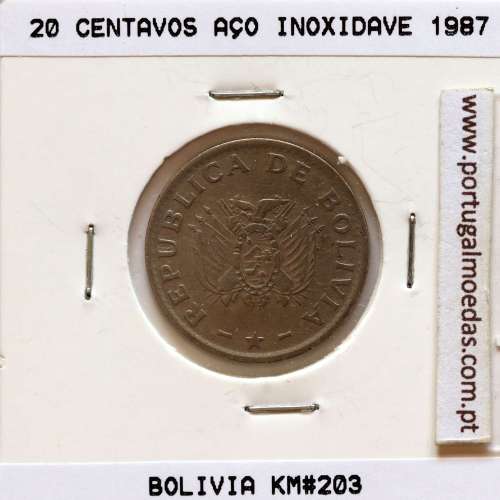 Bolivia, Stainless steel coin of 20 centavos 1987, (VF), World Coins Bolivia KM 203