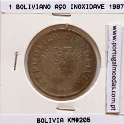 Bolívia 1 Boliviano 1987 Inox, (MBC), World Coins Bolivia KM 205