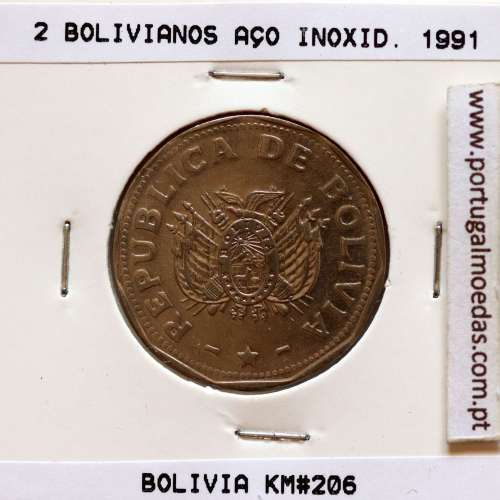 Bolivia, Stainless steel coin of 2 Bolivianos 1991, (XF), World Coins Bolivia KM 206.1